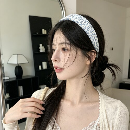 A0268 清新蓝色格纹发箍宽边女压发卡高级感洋气时尚头箍脸头饰