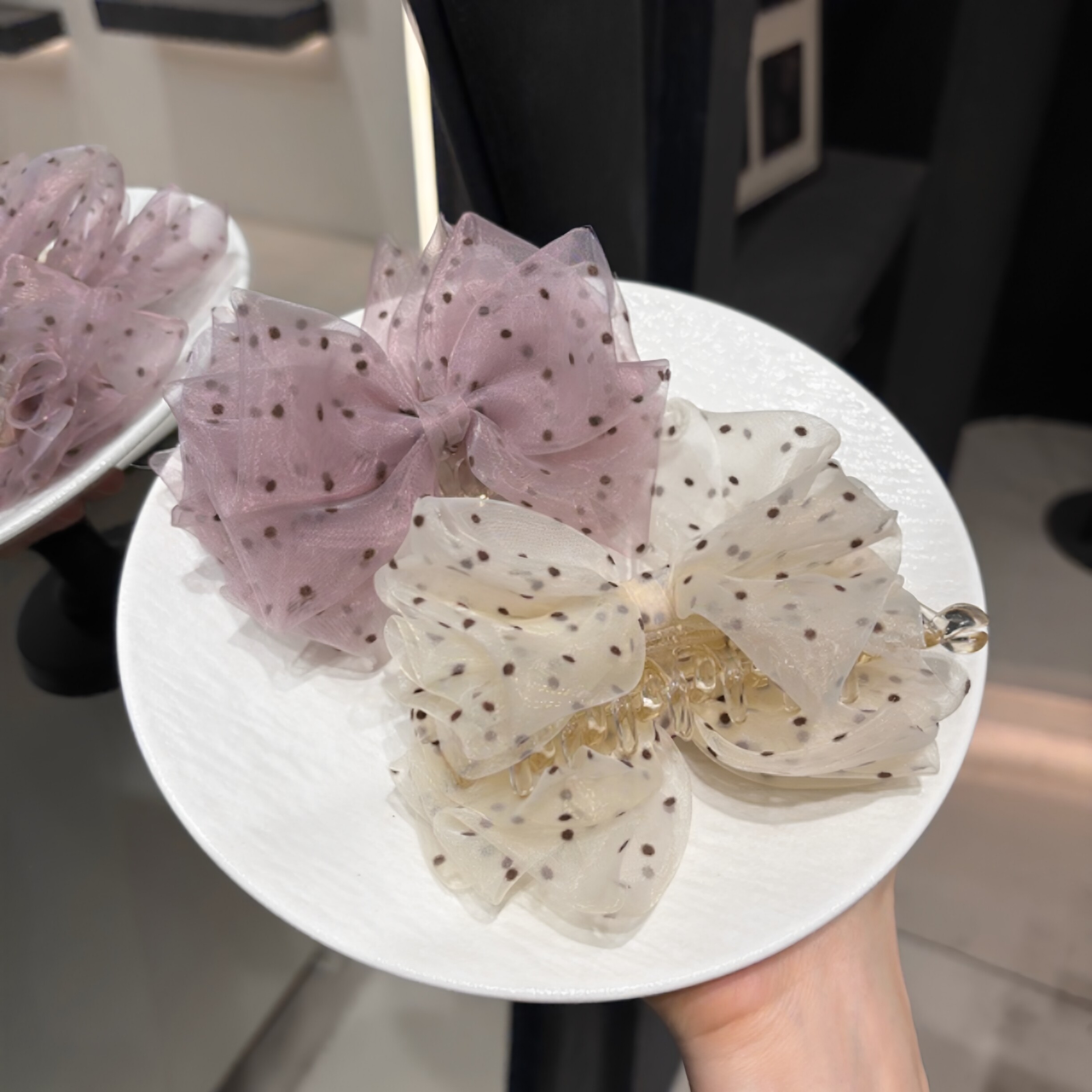 A0407 双层波点网纱香蕉夹大蝴蝶结发夹女孩甜美顶夹发卡超仙网红