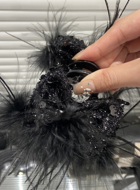 E3946 秋冬法式黑色蝴蝶结鸵鸟毛手工抓夹显发量气质温柔半扎抓夹