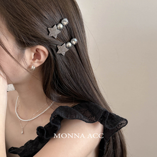 秋冬高级黑色方形珠珠银色星星亮闪网红刘海发夹 时尚两只E2619
