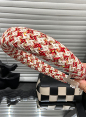 E3934 气质高颅顶新年小香风发箍箍秋冬编织格纹发卡复古发饰时尚