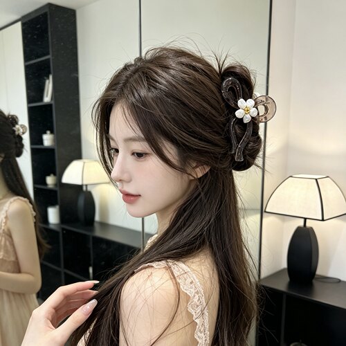 A0229 韩国复古贝珠花朵抓夹一字发夹新款女后脑勺高级感盘发头饰