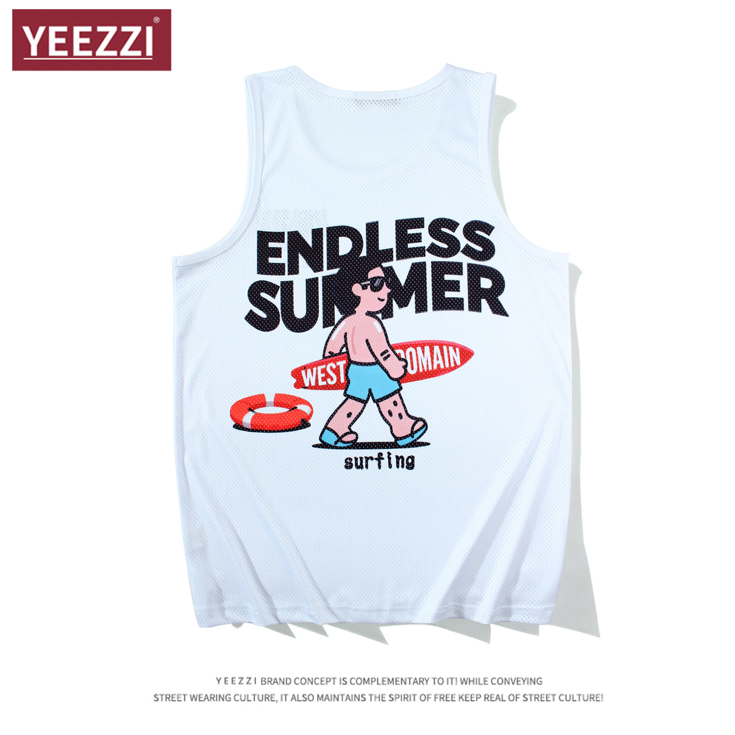 美式篮球背心速干夏季冲浪印花白色凉感宽松圆领无袖坎肩健身服