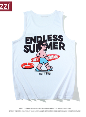美式篮球背心速干夏季冲浪印花白色凉感宽松圆领无袖坎肩健身服