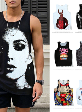 冰丝网孔印花速干网红背心男女无袖T恤运动健身旅游海滩度假旅游