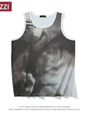 速干印花罗纹背心男辣弟度假中性风无袖复古y2k美式设计感运动衣