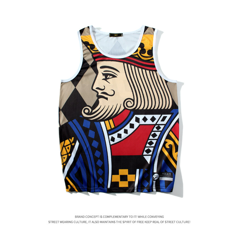 潮网眼运动背心男士宽松扑克k透气网孔印花速干跑步马拉松背心