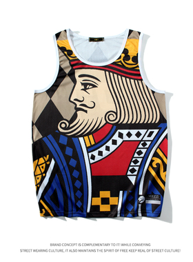 潮网眼运动背心男士宽松扑克K透气网孔印花速干跑步马拉松背心