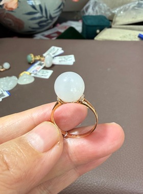 18k金镶和田玉羊脂玉圆珠12mm戒指一物一图带证书447号