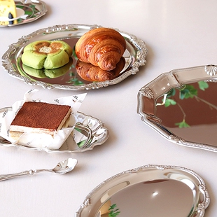 欧式不锈钢西餐餐盘家用轻奢托盘下午茶蛋糕果盘甜品碟零食点心盘