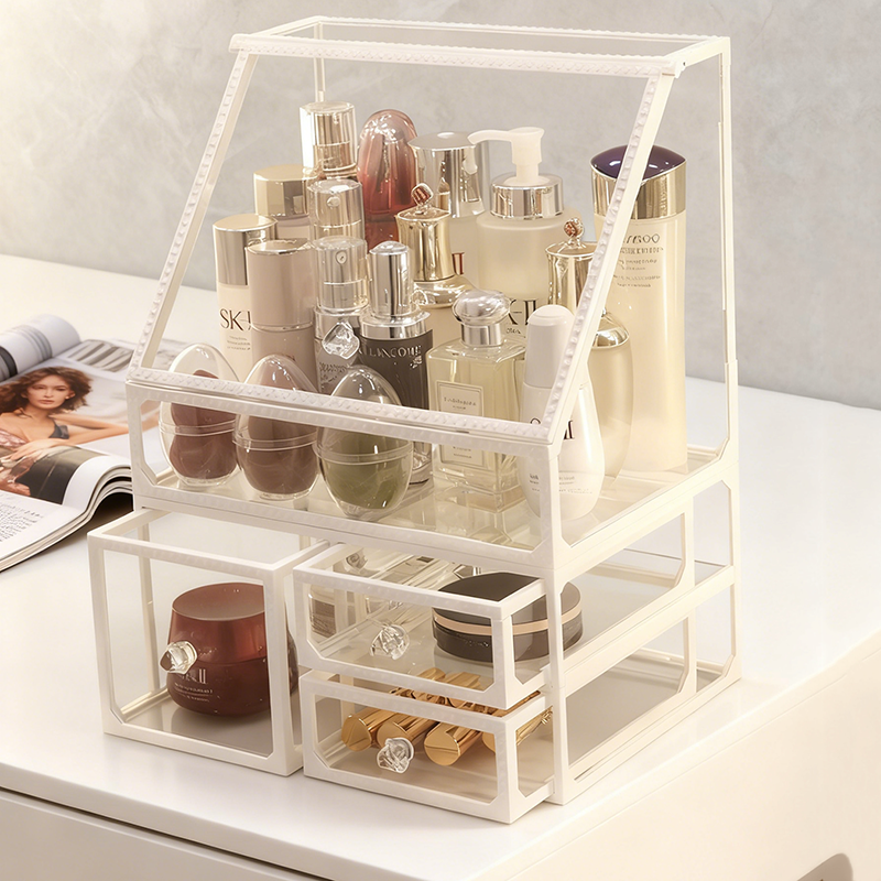 桌面化妆品收纳盒欧式梳妆台整理盒抽屉透明玻璃化妆盒白色置物架,收纳整理,化妆品收纳架,淘宝优惠券,粉丝福利购,淘宝优惠卷