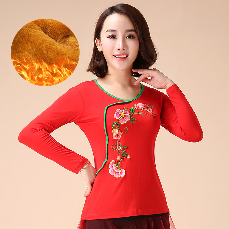 绣花民族风舞蹈衣新款广场舞上装女圆领长袖加绒练功演出表演服,运动/瑜伽/健身/球迷用品,广场舞上装,淘宝优惠券,粉丝福利购,淘宝优惠卷