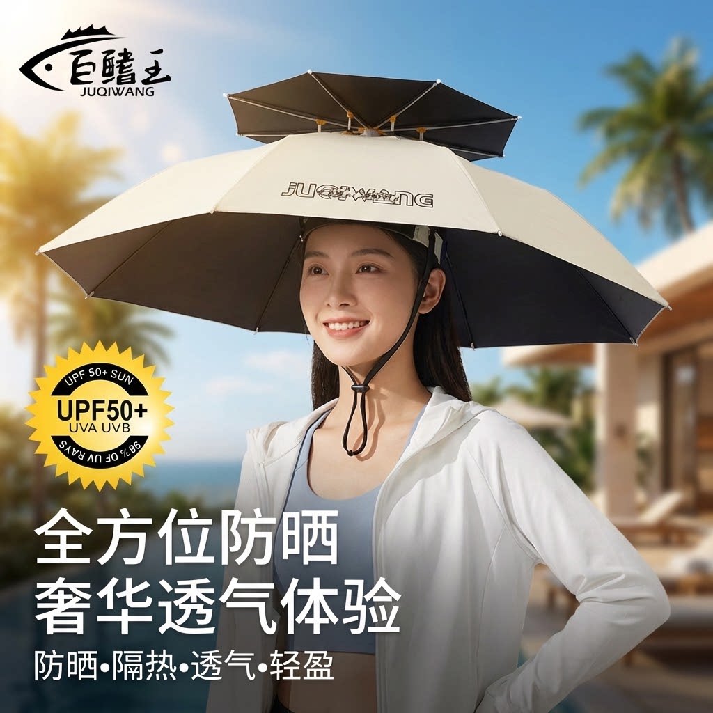 头戴式伞帽户外钓鱼遮阳伞双层大号可折叠野钓专用便携式头顶伞