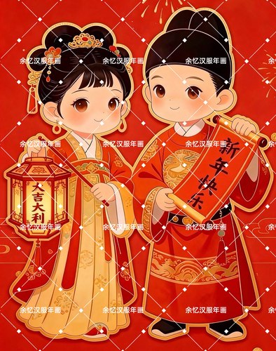 2026双面新款正本清源汉服年画娃娃门神新年贴纸喜庆可爱卡纸覆膜