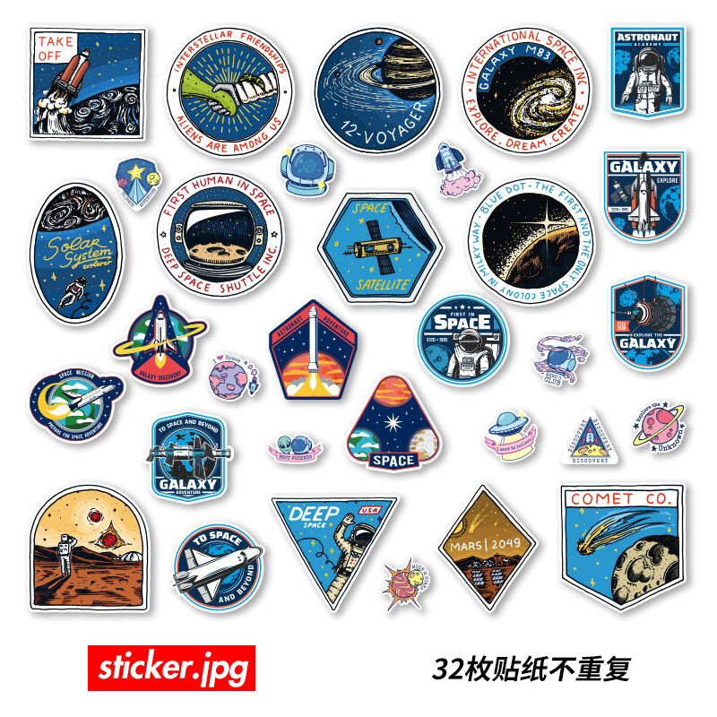 32张个性NASA航天计划防水贴画笔记本电脑吉他滑板电动车头盔贴纸
