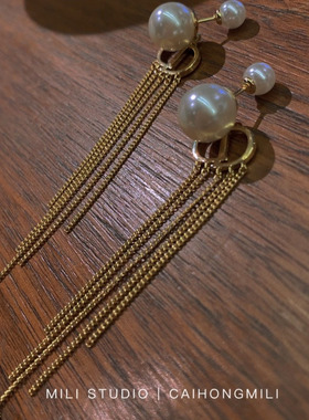 MILI 字母流苏 白色仿珍珠C D吊坠耳环925银针米粒耳饰