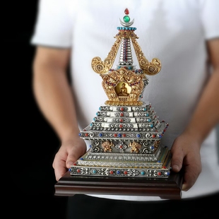 尼泊尔藏传菩提塔尊胜塔如来八塔藏银纯铜鎏金白铜双色精工桌摆