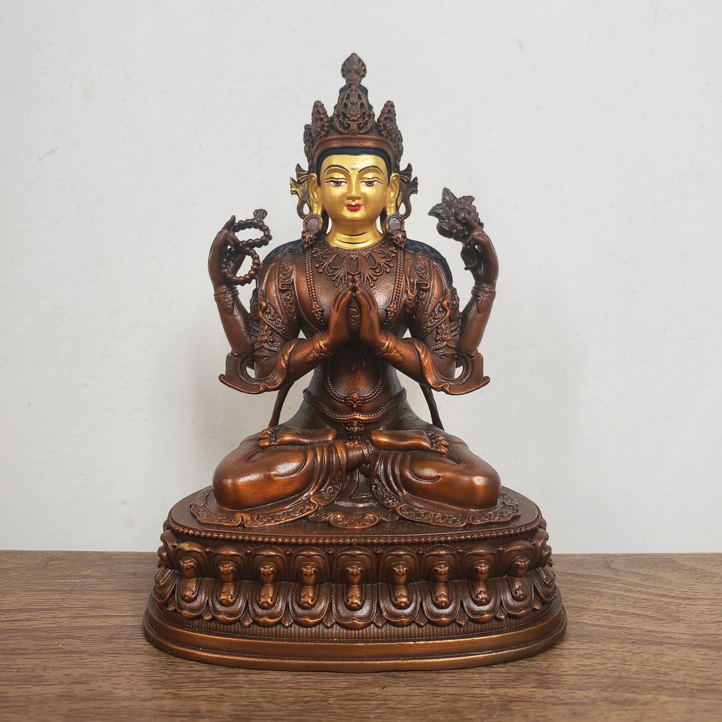 尼泊尔工艺纯铜四臂观音菩萨手工开脸佛像家居供奉车载摆件