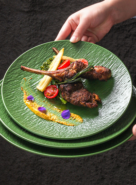 祥源美密胺餐具盘子创意西餐沙拉牛排盘高级感绿色石纹浮雕意面盘