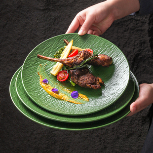 祥源美密胺餐具盘子创意西餐沙拉牛排盘高级感绿色石纹浮雕意面盘