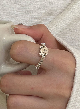 指环弹力925纯银小熊戒指