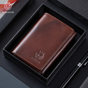 狮莱顿头层牛皮RFID防盗刷三折钱包男款短款真皮复古跨境男士钱夹