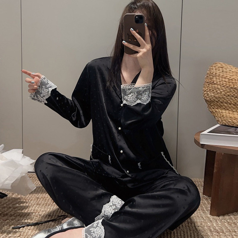 女冰丝蕾丝开衫睡衣两件套