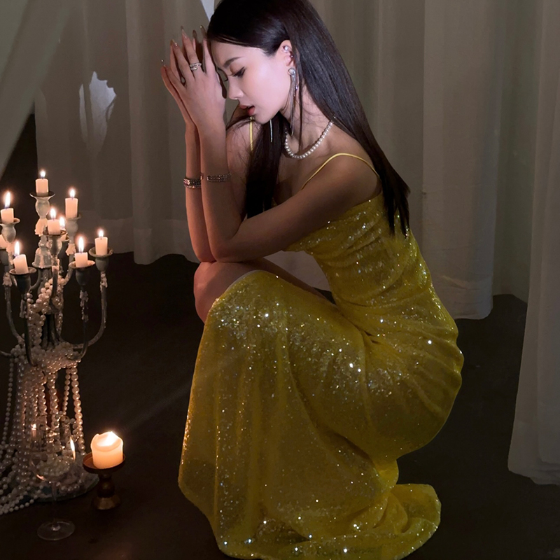 journeyj原创新款黄色亮片礼服裙