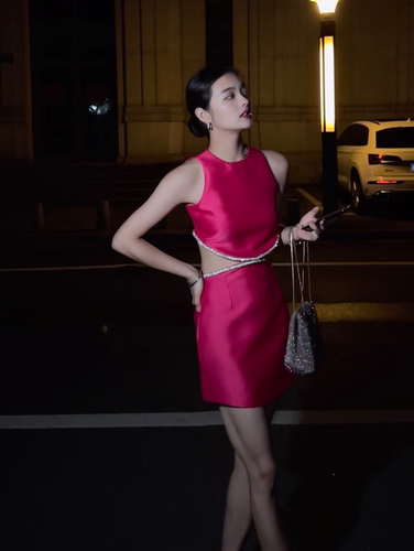 玫红水钻闪闪链条重工套装