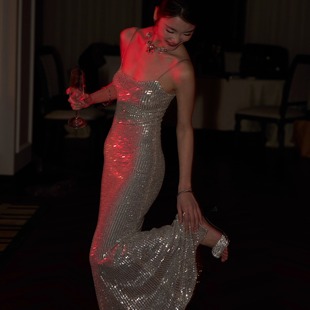 journeyj银色闪闪亮片晚礼服裙性感露背连衣裙长裙圣诞party