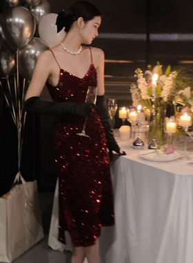 journey j酒红色V领亮片闪闪小吊带裙圣诞礼服裙party生日裙年会