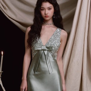 journeyj薄荷绿蝴蝶结亮片闪闪连衣裙高生日party小礼服裙子圣诞