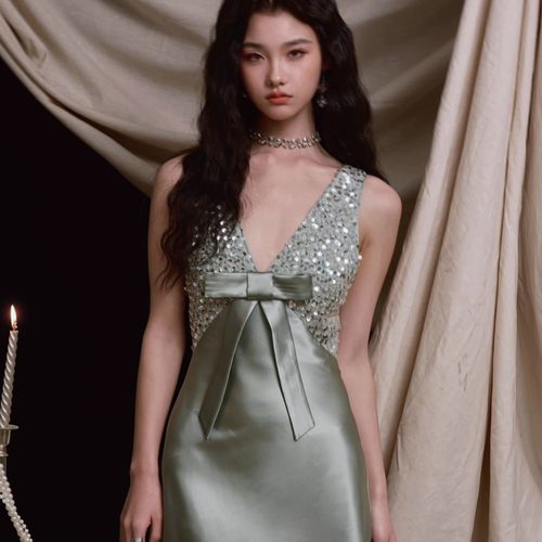 journeyj薄荷绿蝴蝶结亮片闪闪连衣裙高生日party小礼服裙子圣诞