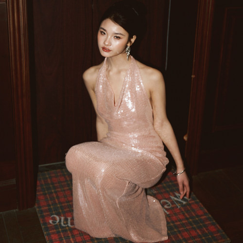 journey j裸粉色闪闪亮片挂脖荡领露背小礼服长裙晚宴party连衣裙