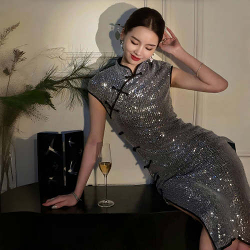 journeyj原创中式银灰色亮片旗袍