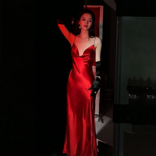 journeyj原创大红色醋酸缎面晚礼服吊带连衣裙小礼服年会圣诞新娘