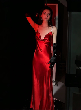journeyj原创大红色醋酸缎面晚礼服吊带连衣裙小礼服年会圣诞新娘