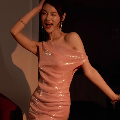 journey j原创粉色落肩绝美小众亮片闪闪小礼服去短款连衣裙生日
