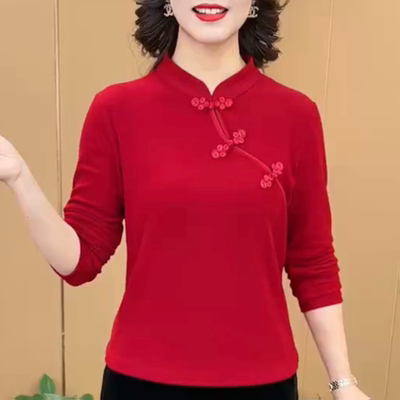 2023秋冬新款时尚加绒加厚保暖打底立领盘扣旗袍式设计感长袖上衣