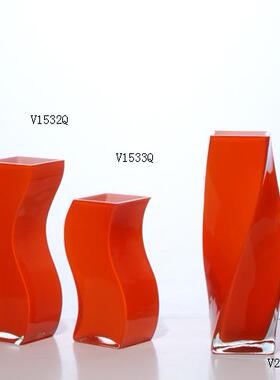 桔色绿色创意玻璃花瓶方形摆件现代时尚螺旋花器水培客厅家居厚重