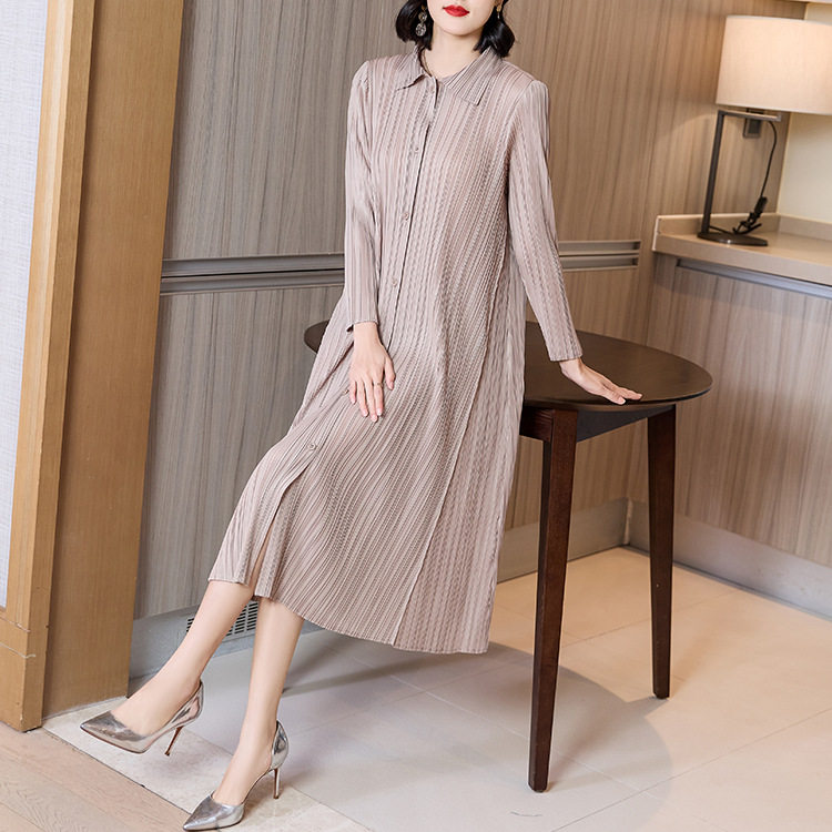嘉柠褶皱春夏开衫竖条纹中长裙宽松腰部长袖弹力舒适柔软女连衣裙