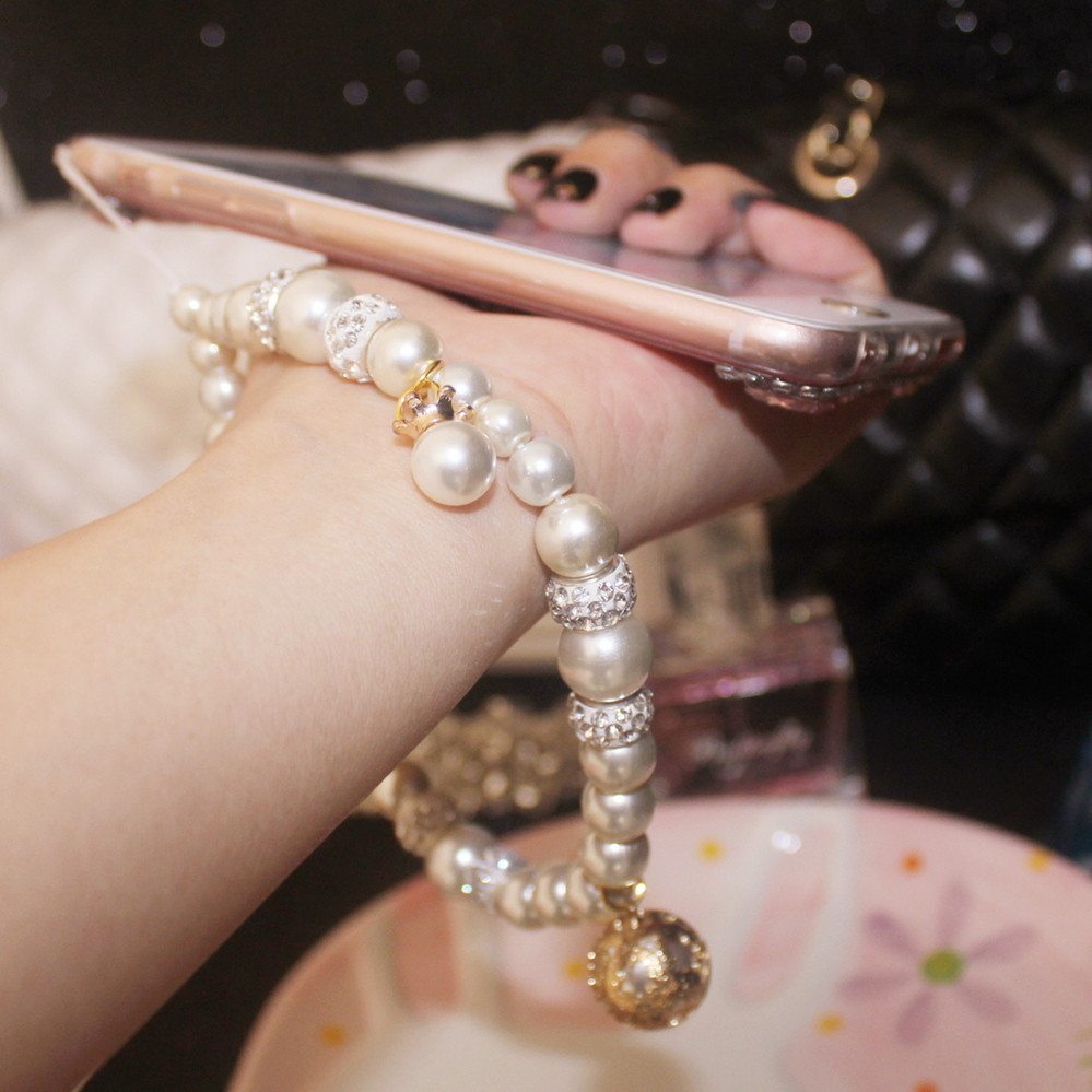 日韩奢华仿珍珠水钻苹果三星华为vivo手机防丢绳短款钥匙挂链通用