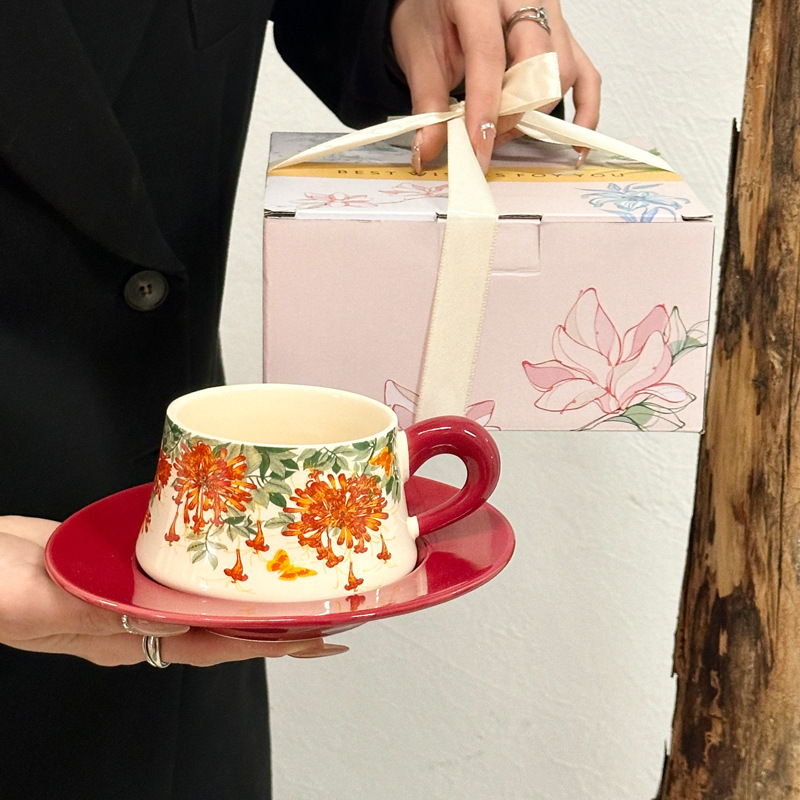 复古原创设计喜庆红炮仗陶瓷咖啡杯碟礼盒套装送新人新娘伴手礼物