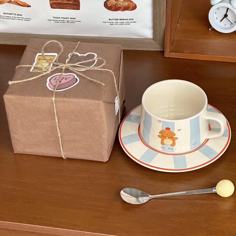 ins可爱卡通蓝色小狗手绘咖啡杯碟套装精致陶瓷杯生日礼物礼盒装