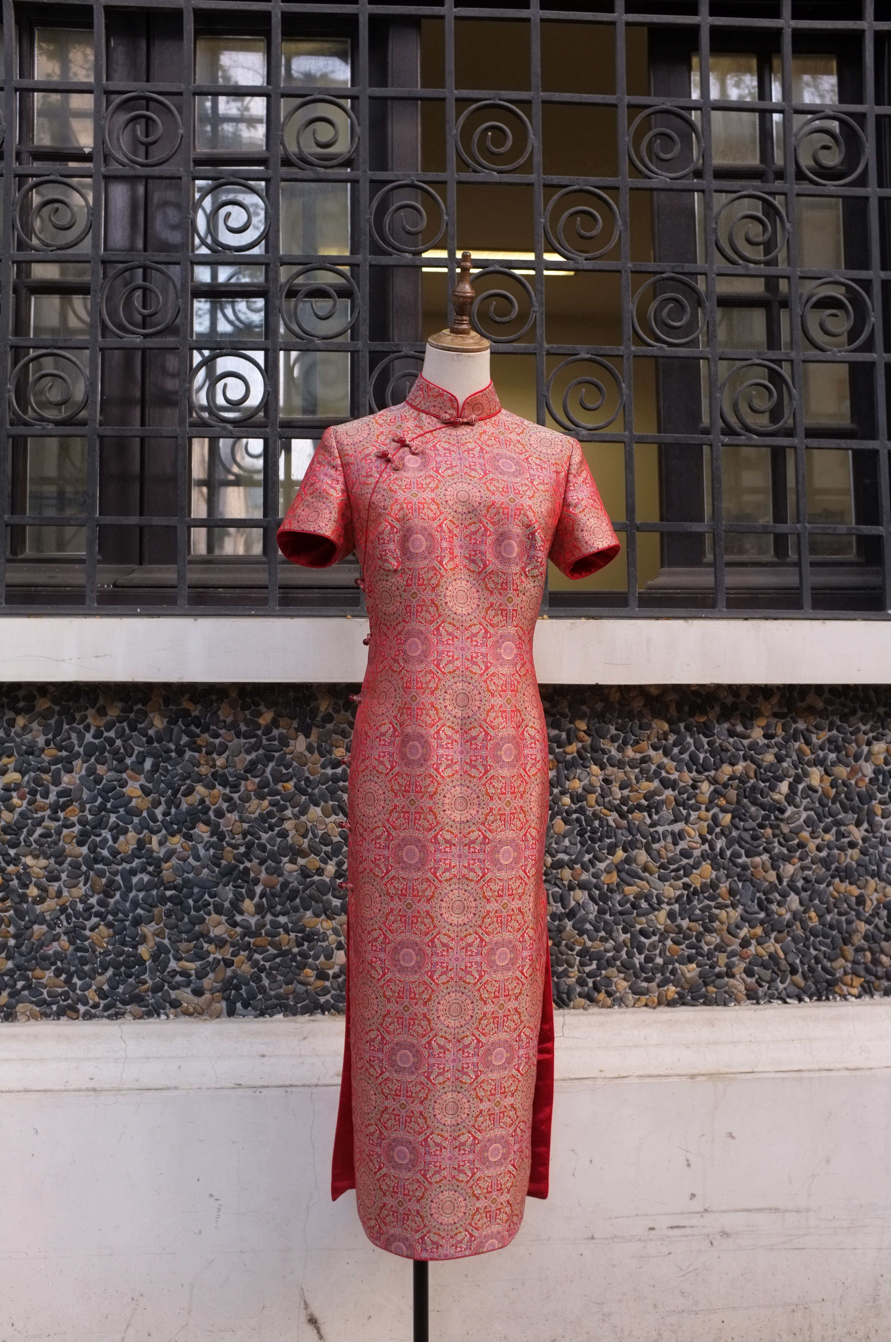 赟结婚婚礼高端手工定制妈妈装青红地变龙凤纹宋锦真丝长旗袍