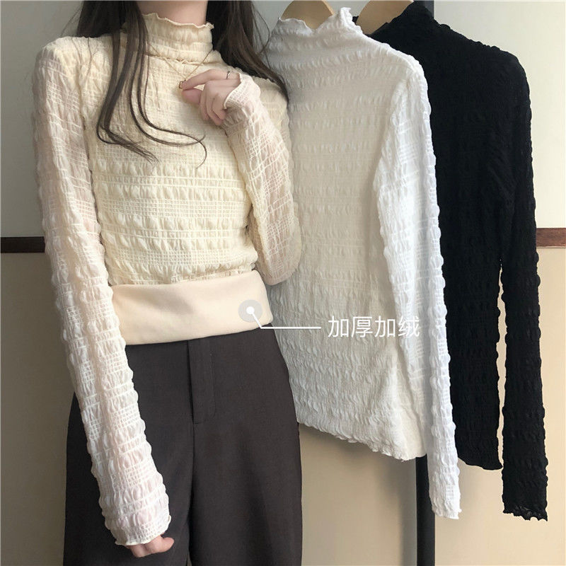 韩系蕾丝打底衫女半高领加绒泡泡网纱春长袖内搭叠穿纱衣百搭款