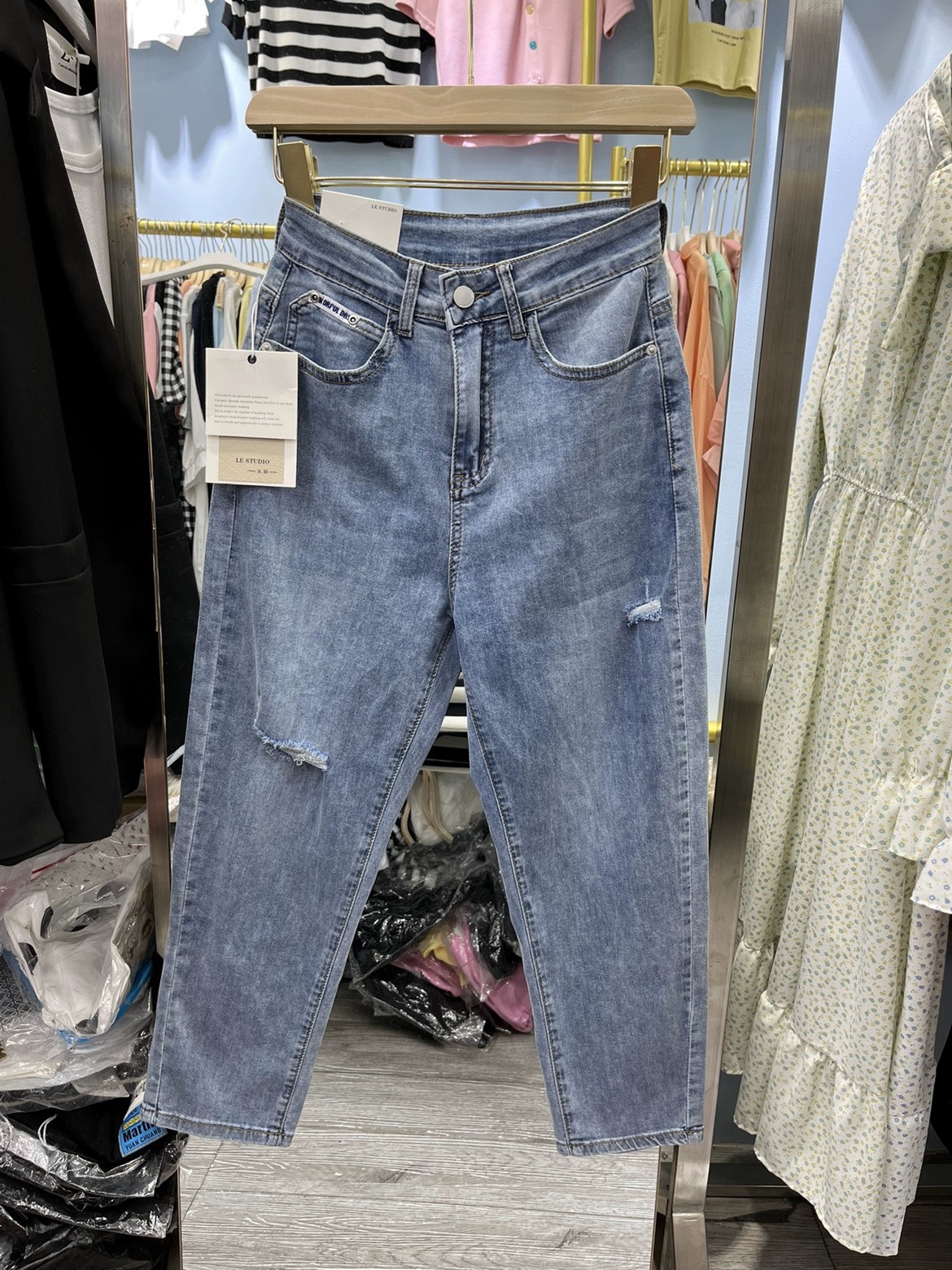 乐恩6699-1新款夏乞丐破洞牛仔裤老爹裤薄款柔软宽松九分裤女裤子