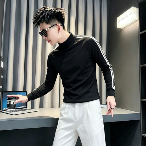半高领小码XS加小号男士长袖拼色T恤修身s修身纯色中领打底衫上衣
