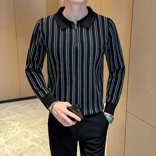 秋冬新款社会小伙男士翻领条纹针织衫xs小号小码修身毛线衣打底衫