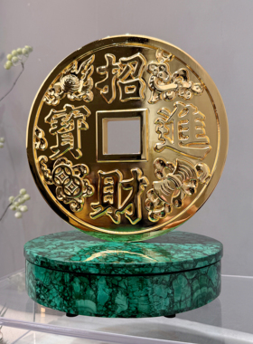 家居摆件铝镀金招财进宝孔雀石底座桌面办公室摆件好寓意送礼开业